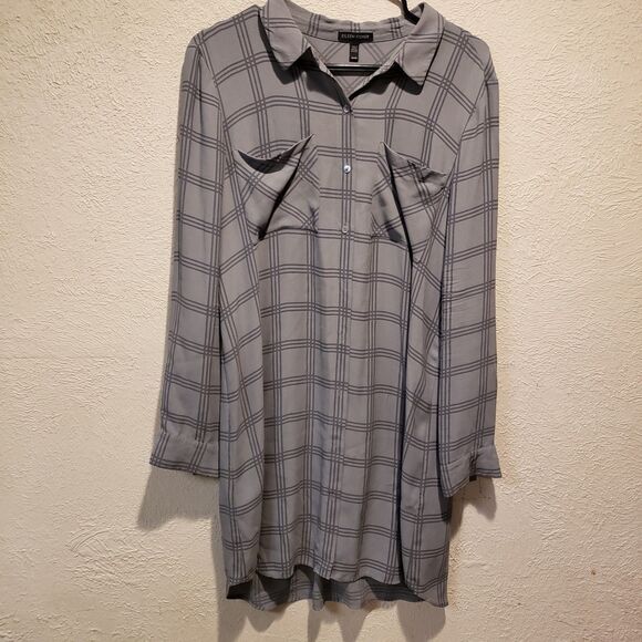Eileen Fisher Plaid Silk Georgette Crepe ASH Shirt Dress Tunic size Medium - Picture 2 of 12